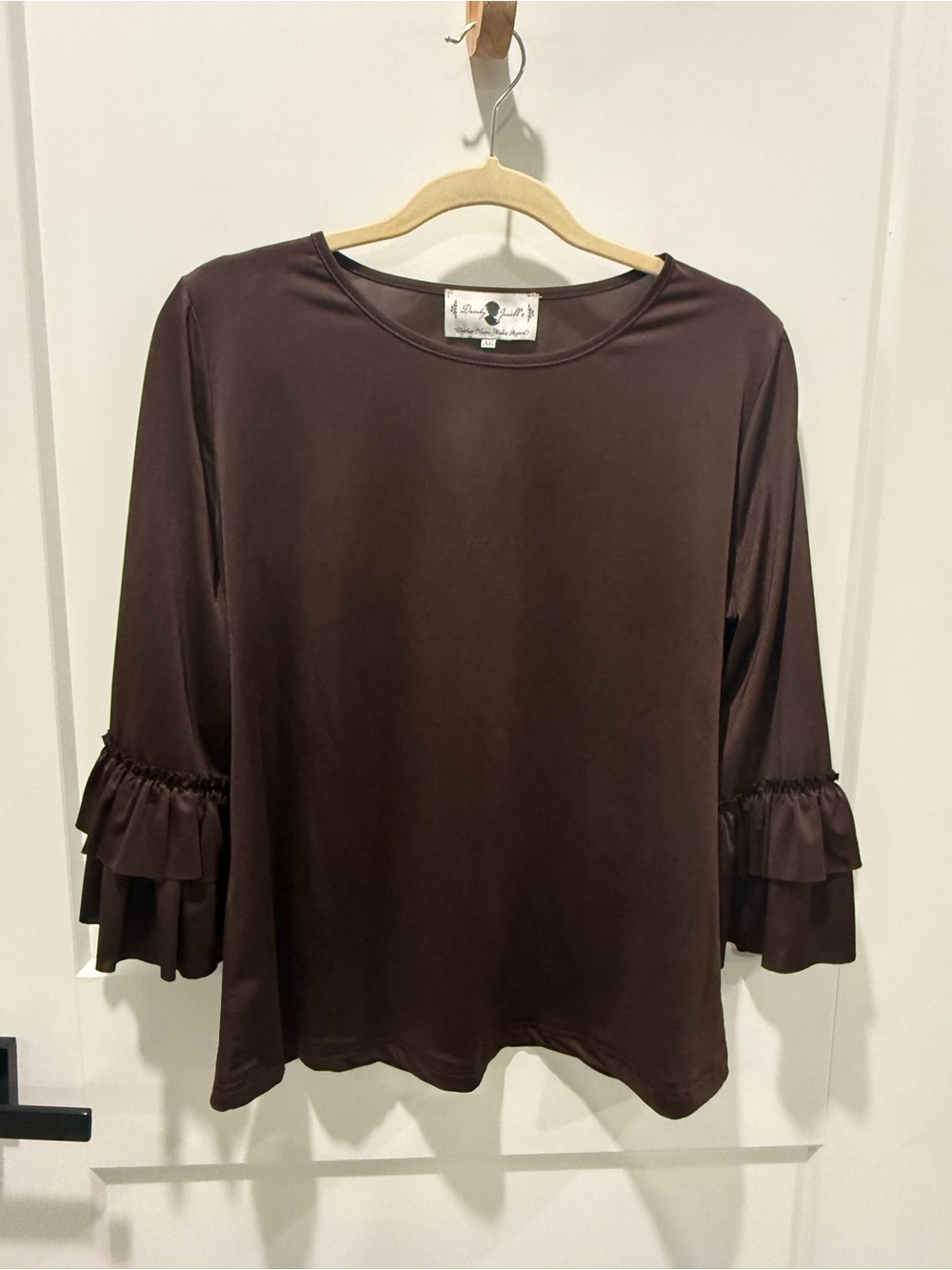 Dainty Jewells Chocolate Brown Ruffle-Sleeve 3/4 Sleeve Blouse Top